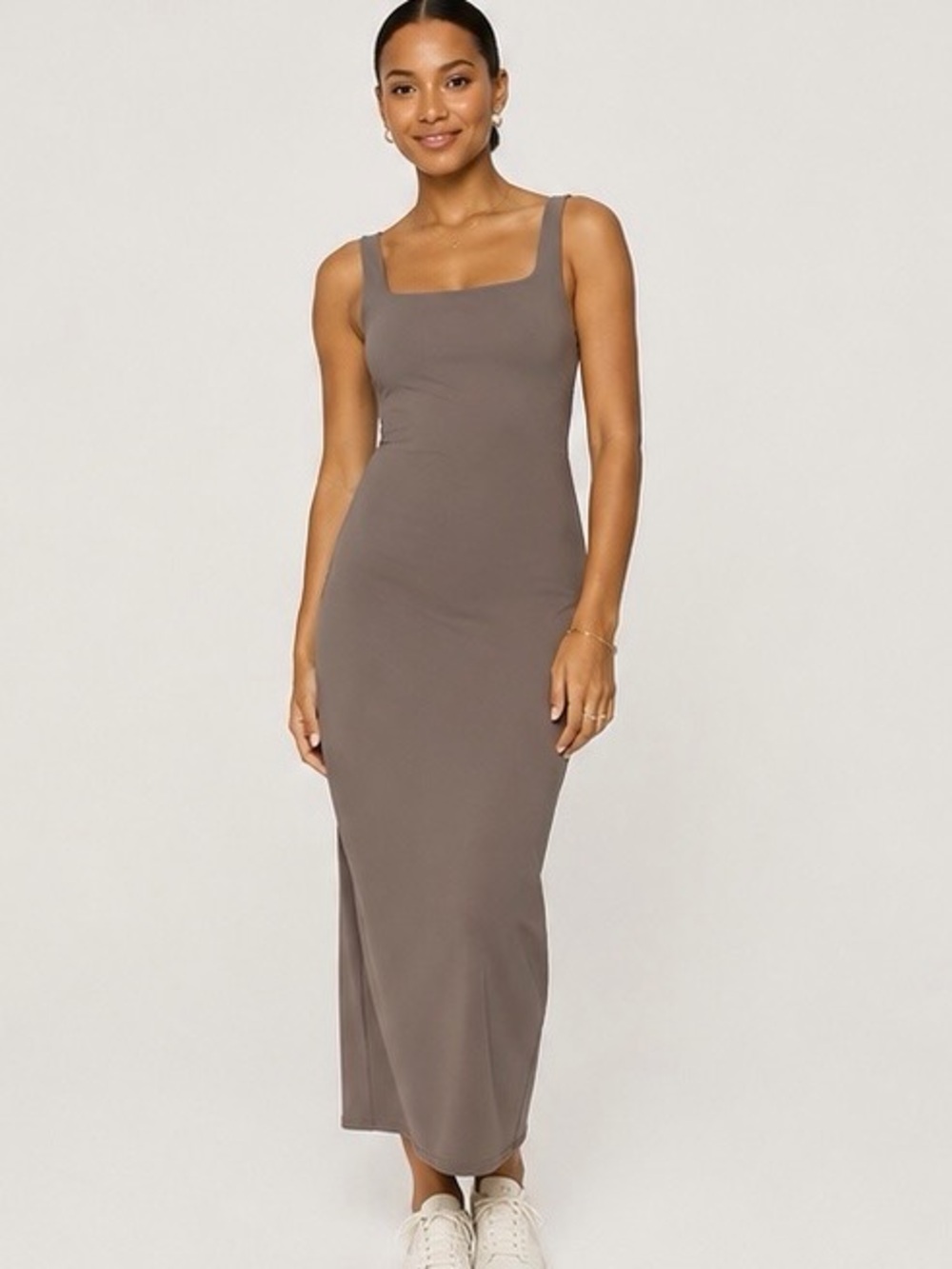 Fabletics PureLuxe Maxi Dress Desert Shadows Open Back Side Slit XS Minimalist
